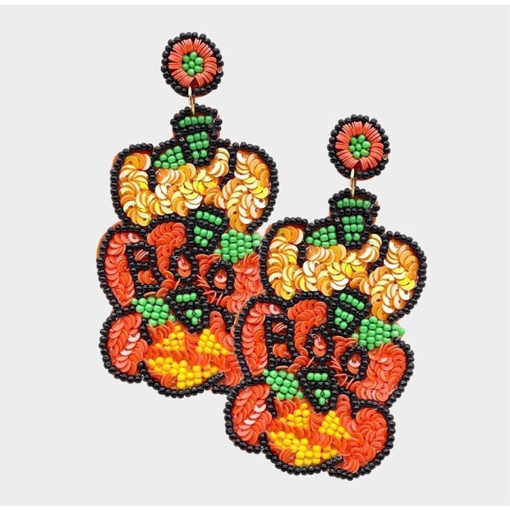 New Womens Boutique Felt BOO Sequin Seed Beaded Triple Pumpkin Dangle Earrings